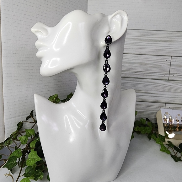 Long Purple Crystal Teardrop Dangle Earrings - Picture 5 of 6